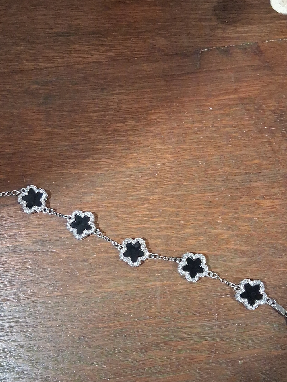 Black Flower Link Bracelet with Sparkling Silver-Tone Accents
